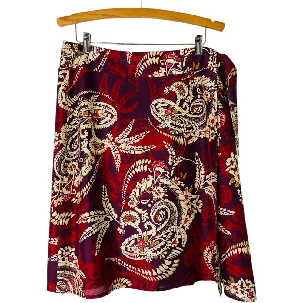 NEW Talbots red purple cream silk paisley floral wrap midi skirt 12